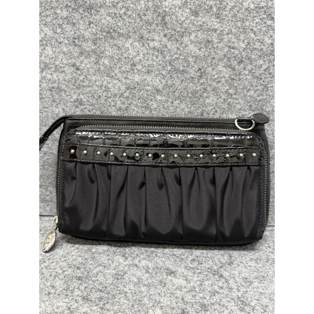 BRIGHTON Pretty & Tough Black Satin Crossbody Organizer‎ Built-in Wallet Clutch.